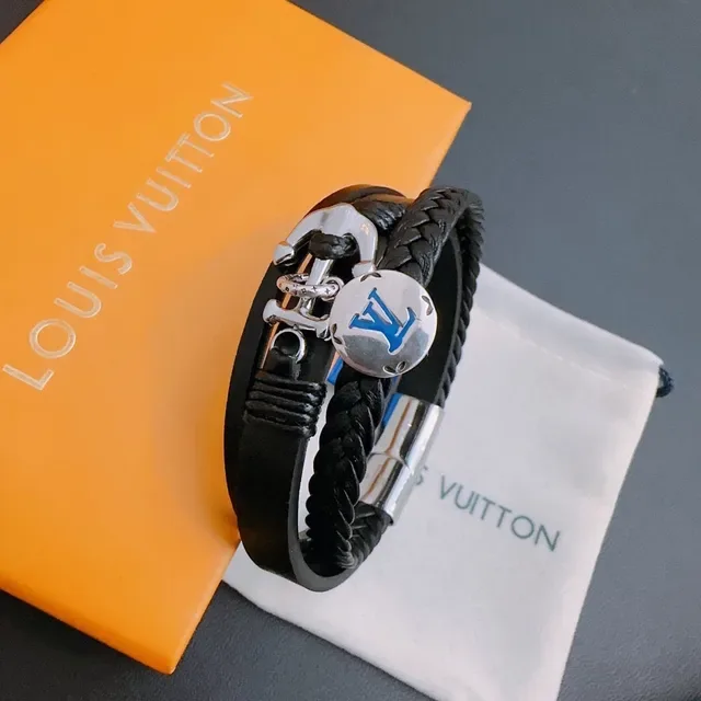 Louis Vuitton Black Silver Braided Leather Anchor Clasp Bracelet 3