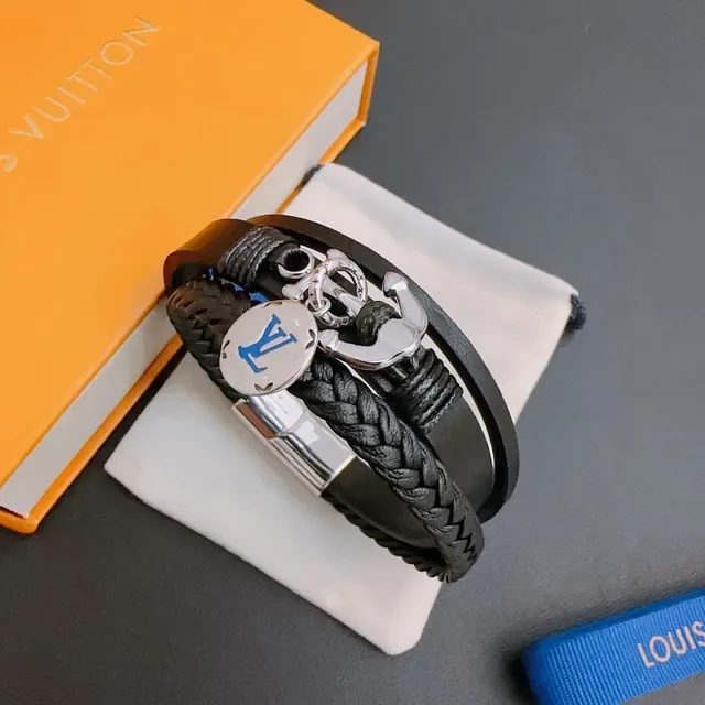 Louis Vuitton Black Silver Braided Leather Anchor Clasp Bracelet 5