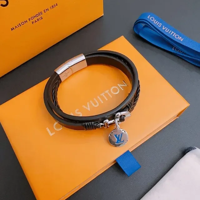 Louis Vuitton Black Silver Braided Leather Anchor Clasp Bracelet 8