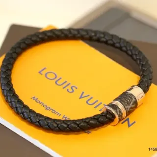Louis Vuitton Black Silver Braided Leather Cylindrical Metal Clasp Bracelet