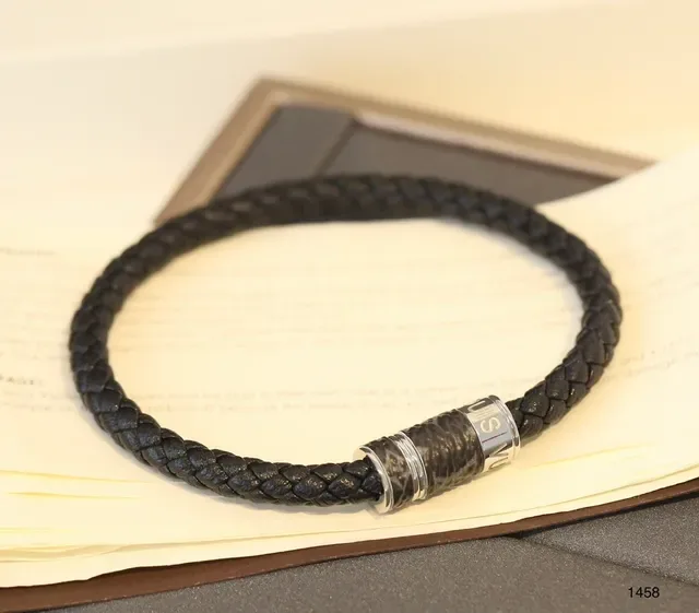Louis Vuitton Black Silver Braided Leather Cylindrical Metal Clasp Bracelet 3