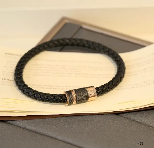 Louis Vuitton Black Silver Braided Leather Cylindrical Metal Clasp Bracelet 4