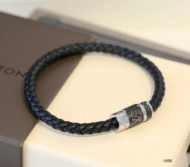 Louis Vuitton Black Silver Braided Leather Cylindrical Metal Clasp Bracelet 6