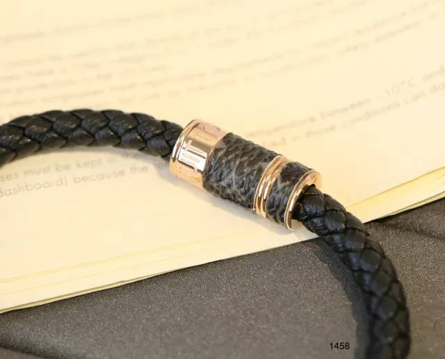 Louis Vuitton Black Silver Braided Leather Cylindrical Metal Clasp Bracelet 7