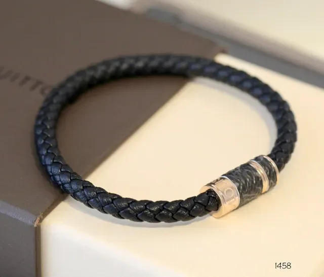 Louis Vuitton Black Silver Braided Leather Cylindrical Metal Clasp Bracelet 9