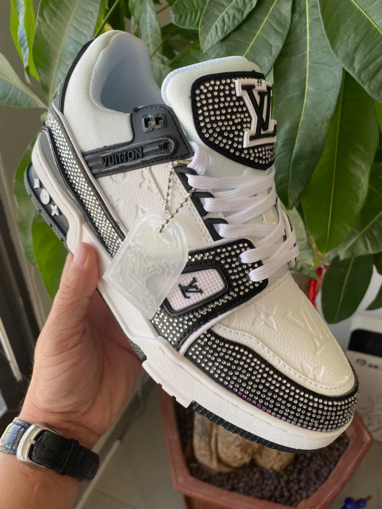 Louis Vuitton Black Silver Crystal-Embellished Fuzzy-Lined Chunky Sneakers 5