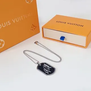 Louis Vuitton Black Silver Dog-Tag Pendant Enamel Inlay Necklace