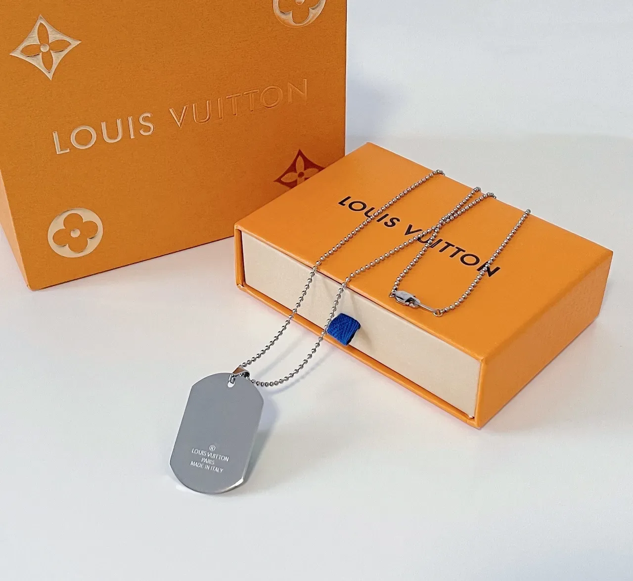 Louis Vuitton Black Silver Dog-Tag Pendant Enamel Inlay Necklace 4