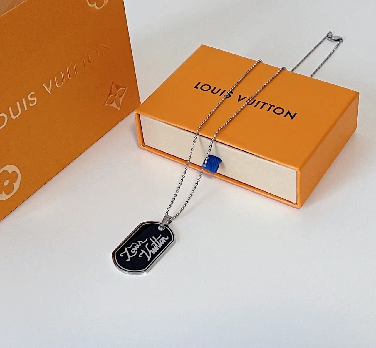 Louis Vuitton Black Silver Dog-Tag Pendant Enamel Inlay Necklace 5