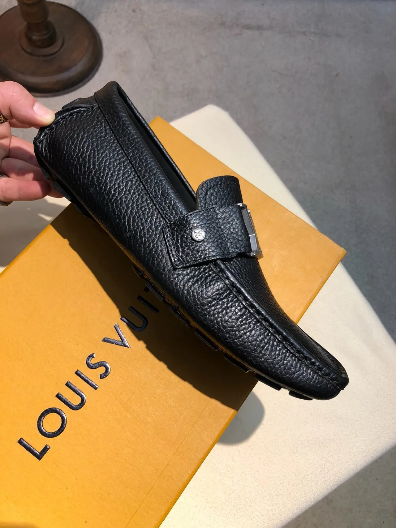 Louis Vuitton Black Silver Pebbled Leather Monogram Buckle Loafer 5