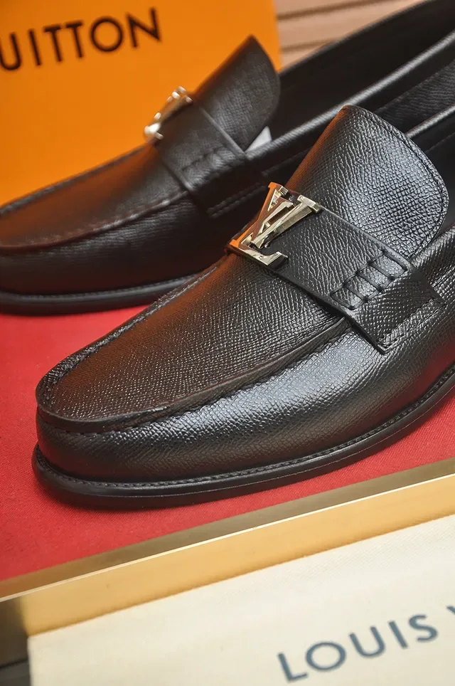 Louis Vuitton Black Textured Leather LV Buckle Loafers 2