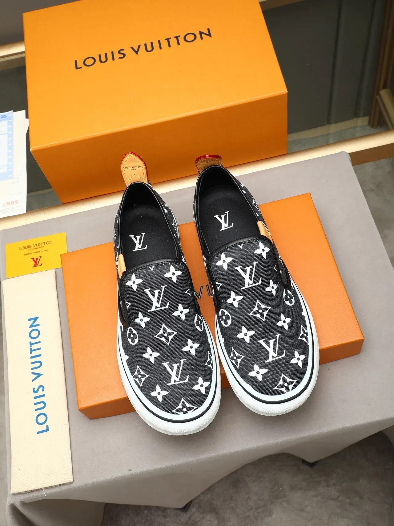 Louis Vuitton Black White Monogram Canvas Slip-On Lifestyle Sneakers 2