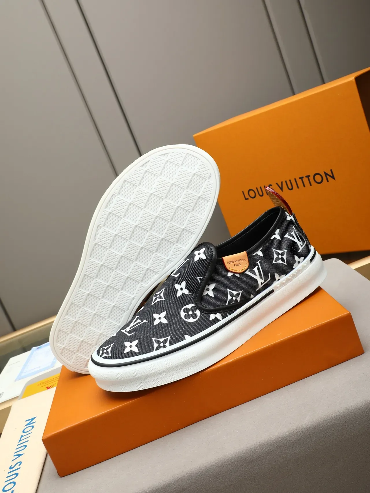 Louis Vuitton Black White Monogram Canvas Slip-On Lifestyle Sneakers 4