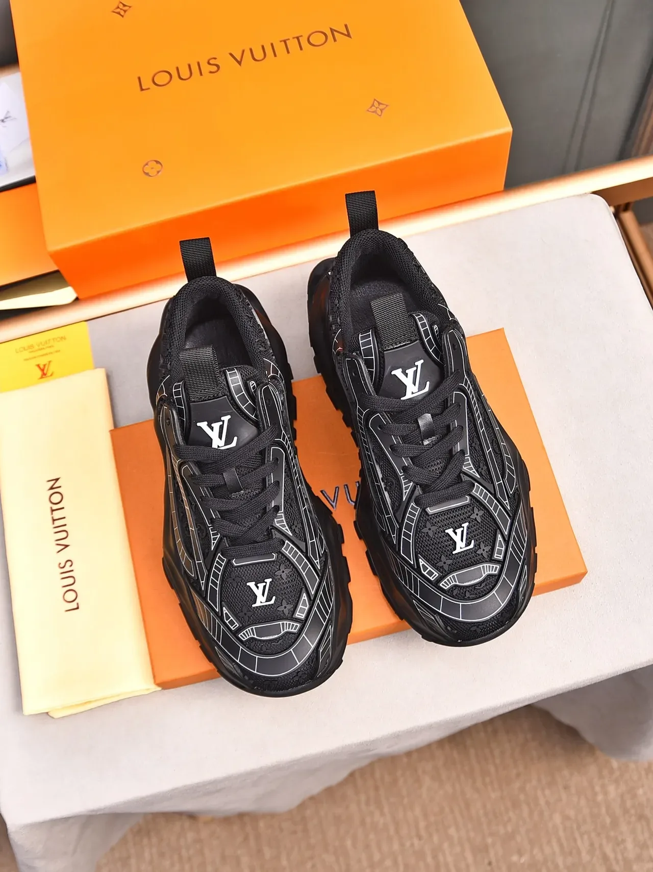 Louis Vuitton Black White Monogrammed Mesh Upper Sculpted Sole Chunky Sneakers 2