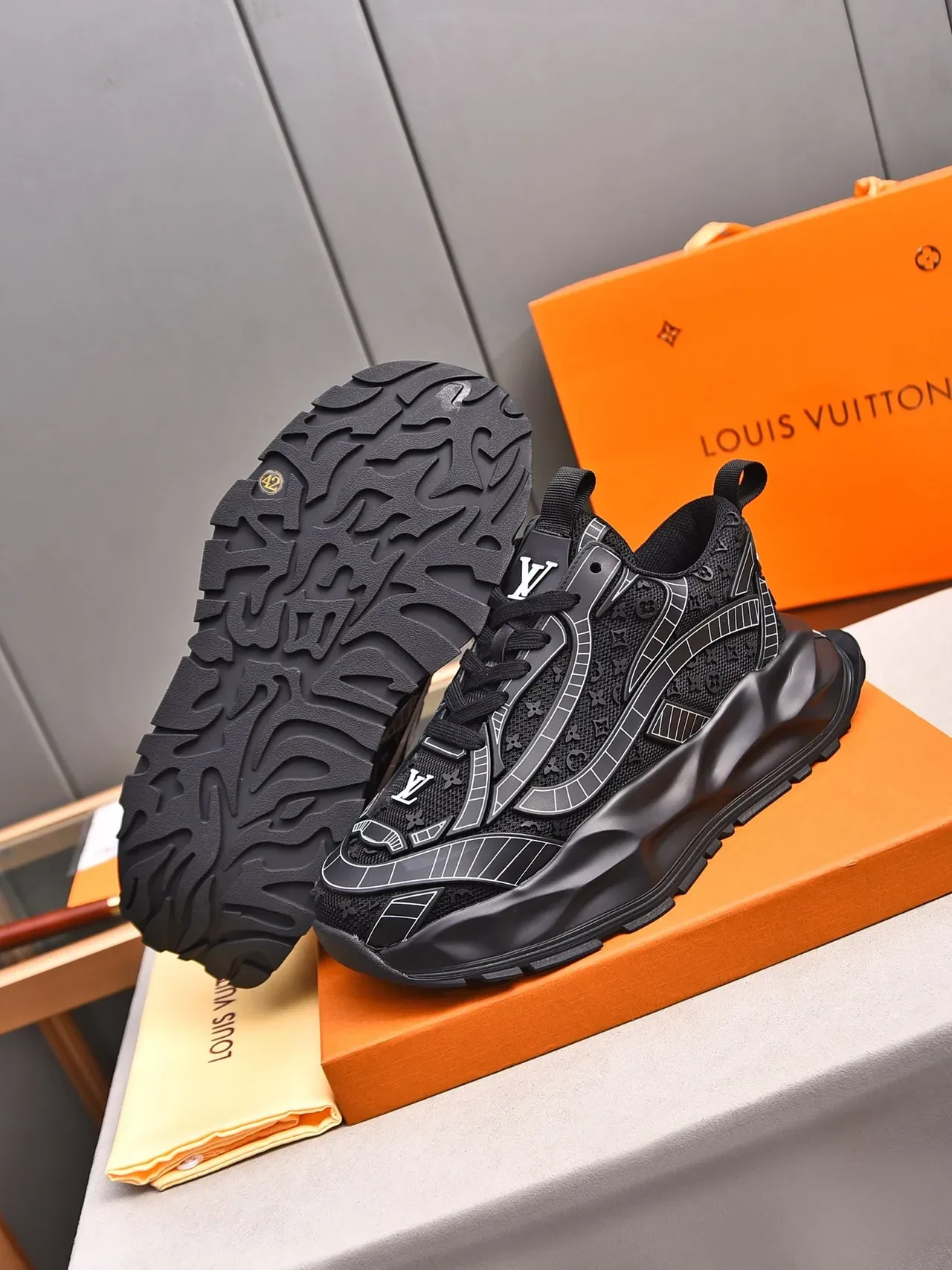 Louis Vuitton Black White Monogrammed Mesh Upper Sculpted Sole Chunky Sneakers 4