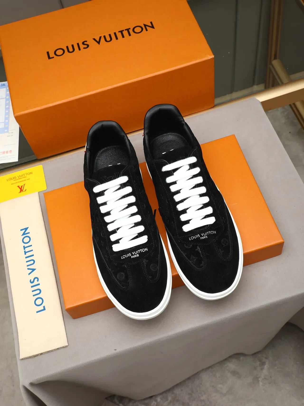 Louis Vuitton Black White Monogrammed Suede Flat Platform Sole Lifestyle Sneakers 3