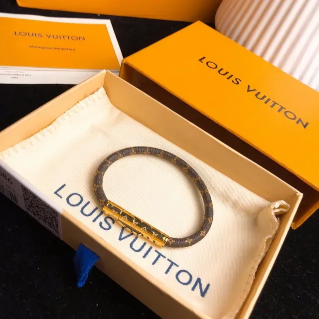 Louis Vuitton Bracelet Monogram Brown Gold Canvas Cylinder Clasp Bracelet 3