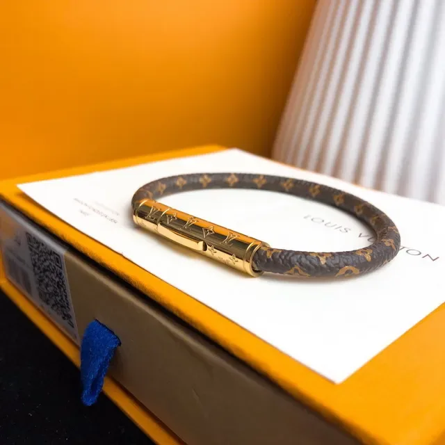 Louis Vuitton Bracelet Monogram Brown Gold Canvas Cylinder Clasp Bracelet 4