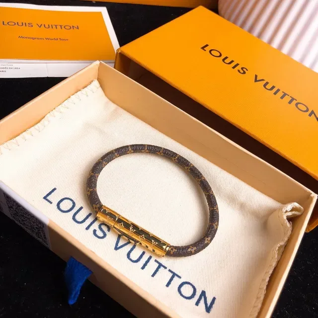 Louis Vuitton Bracelet Monogram Brown Gold Canvas Cylinder Clasp Bracelet 5