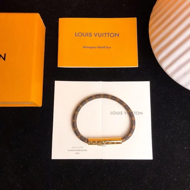 Louis Vuitton Bracelet Monogram Brown Gold Canvas Cylinder Clasp Bracelet 8