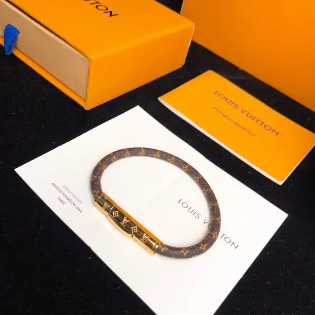 Louis Vuitton Bracelet Monogram Brown Gold Canvas Cylinder Clasp Bracelet 9