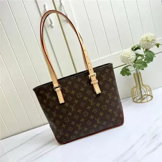 Louis Vuitton Brown Beige Monogram Canvas Rolled Leather Handles Tote Bag