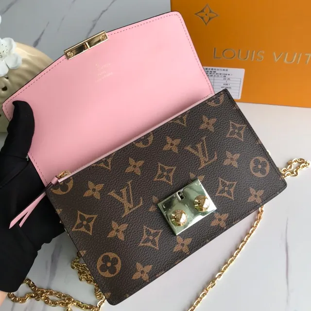 Louis Vuitton Marron Rose Monogramme Toile Cuir Rabat Chaîne Sac 4