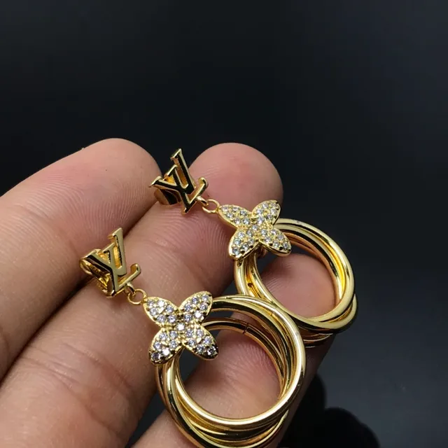 Louis Vuitton Butterfly Pavé Crystal Gold-Tone Triple Hoop Earrings 4