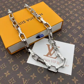 Louis Vuitton Chain Necklace Silver-Tone Engraved LV Motif Necklace