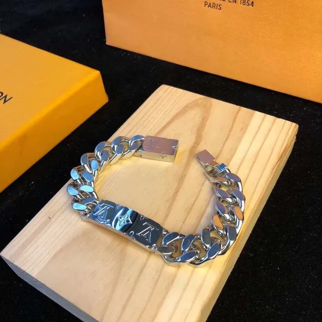 Louis Vuitton Chaîne Argent Bleu Épais Curb Détail Plaque Émaillée Bracelet 5