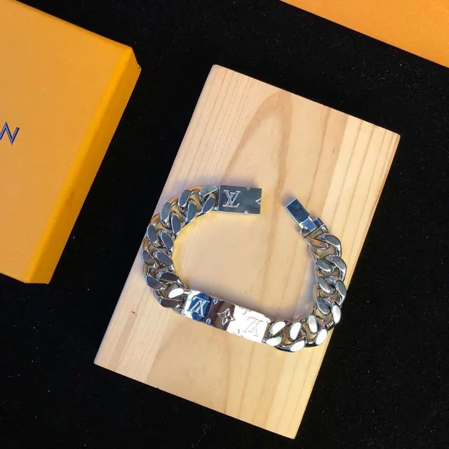 Louis Vuitton Chaîne Argent Bleu Épais Curb Détail Plaque Émaillée Bracelet 7