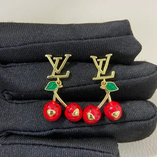 Louis Vuitton Cherry Red Gold LV Monogram Top Enamel Dangles Earrings