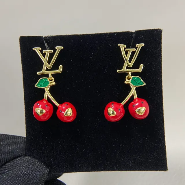 Louis Vuitton Cherry Red Gold LV Monogram Top Enamel Dangles Earrings 2