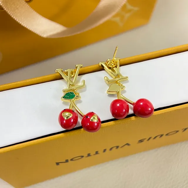 Louis Vuitton Cherry Red Gold LV Monogram Top Enamel Dangles Earrings 4