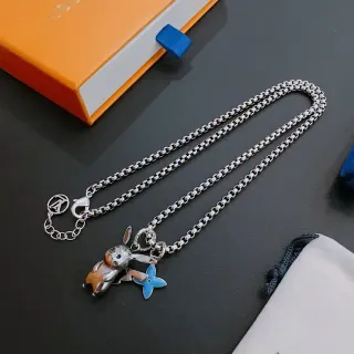 Louis Vuitton Enamel Pikachu and Flower Charm Silver Chain Necklace