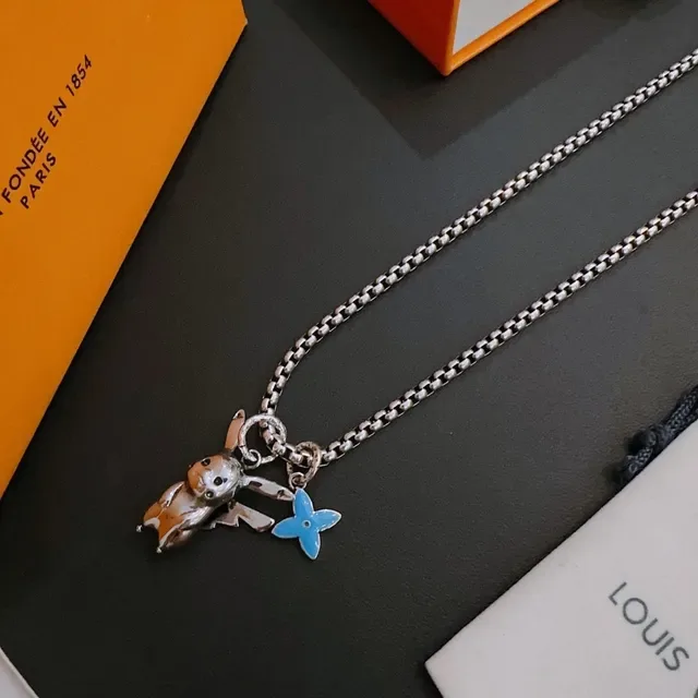 Louis Vuitton Enamel Pikachu and Flower Charm Silver Chain Necklace 3