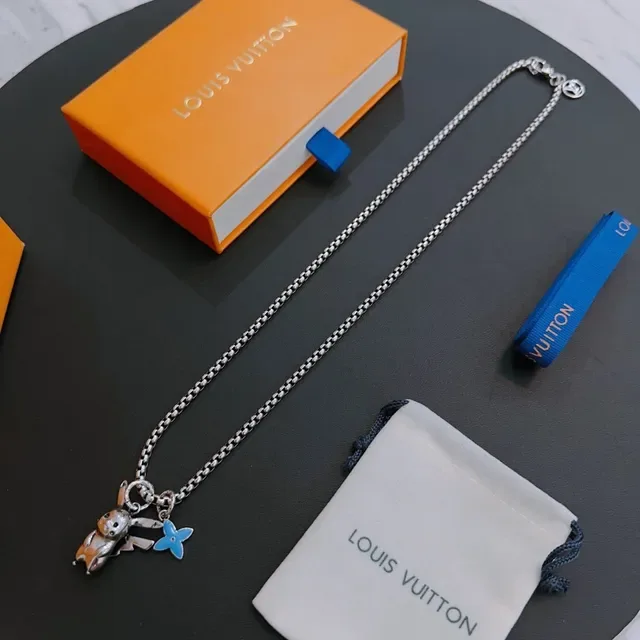 Louis Vuitton Enamel Pikachu and Flower Charm Silver Chain Necklace 6