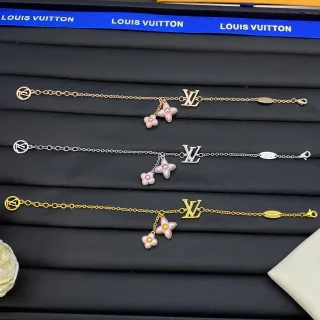 Louis Vuitton Flower Charm Gold Pink Fine Chain-Link LV Monogram Bracelet