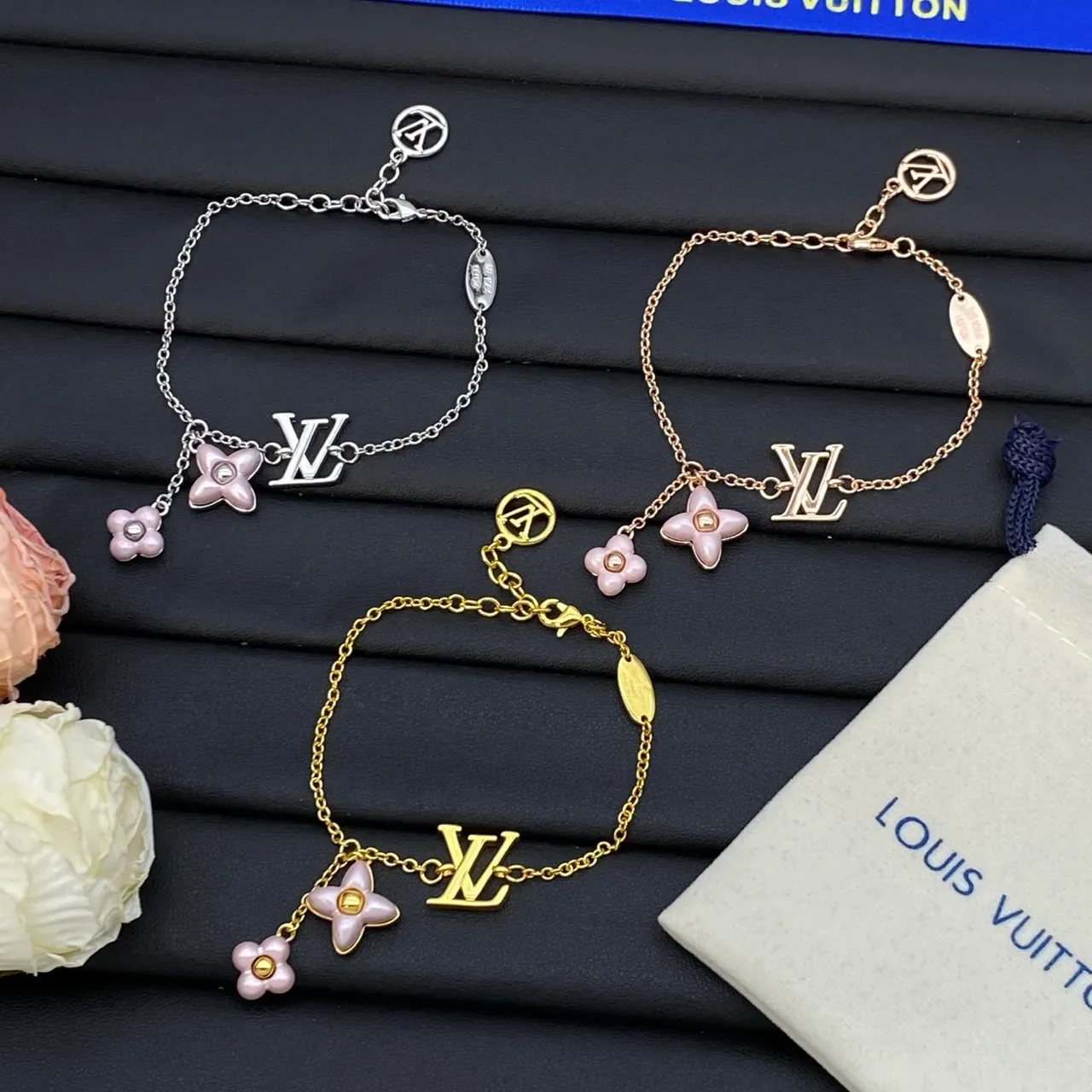 Louis Vuitton Flower Charm Gold Pink Fine Chain-Link LV Monogram Bracelet 2