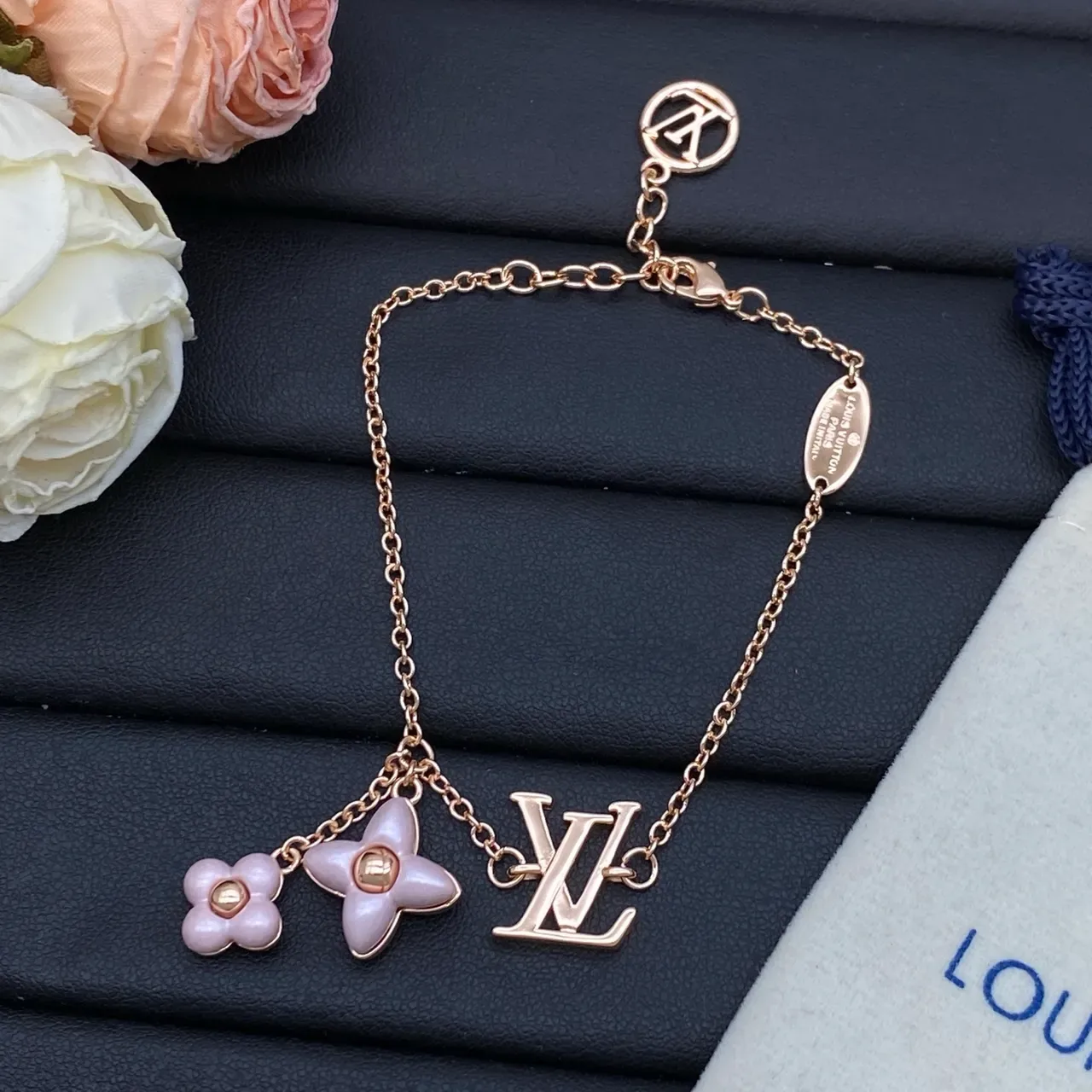 Louis Vuitton Flower Charm Gold Pink Fine Chain-Link LV Monogram Bracelet 3