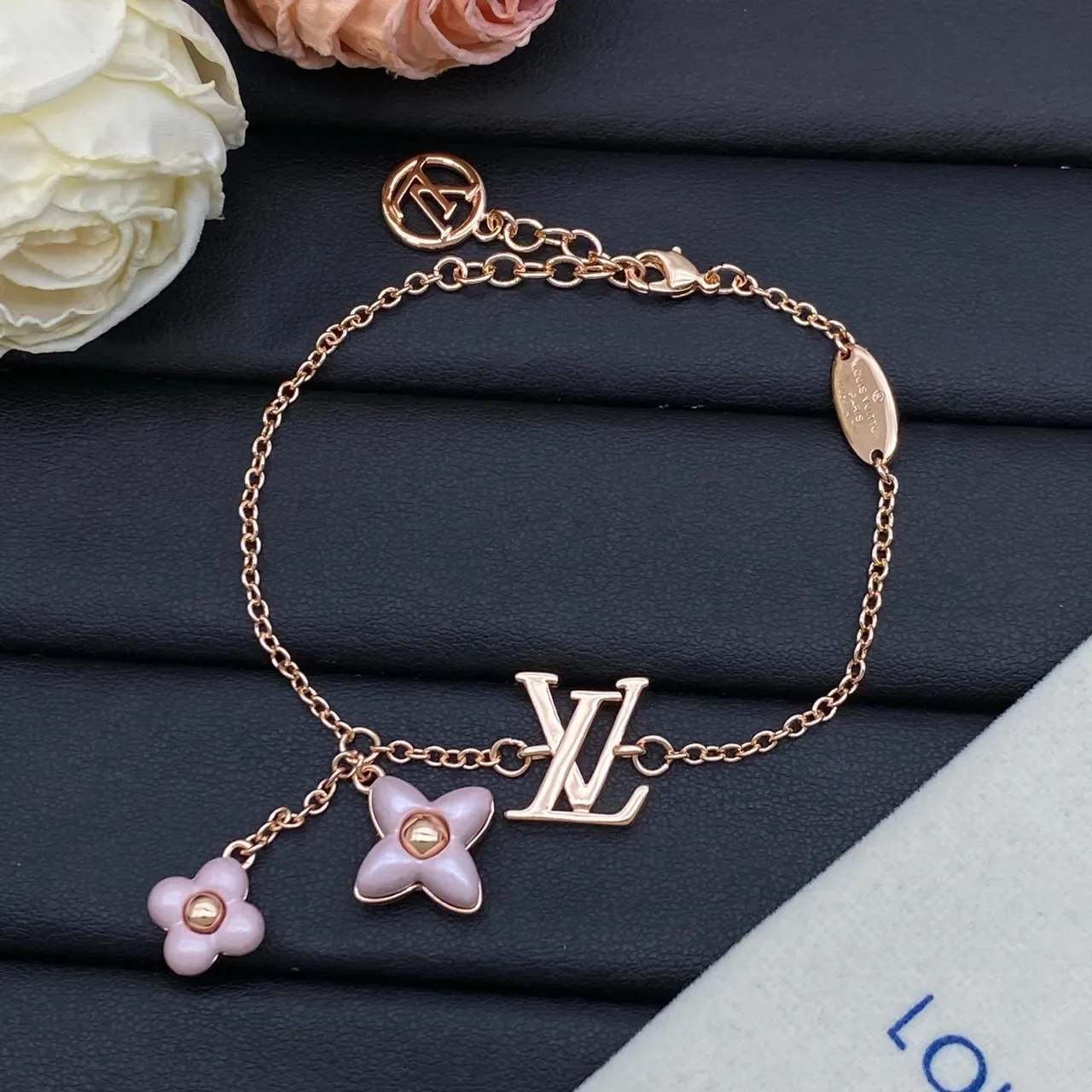 Louis Vuitton Flower Charm Gold Pink Fine Chain-Link LV Monogram Bracelet 4