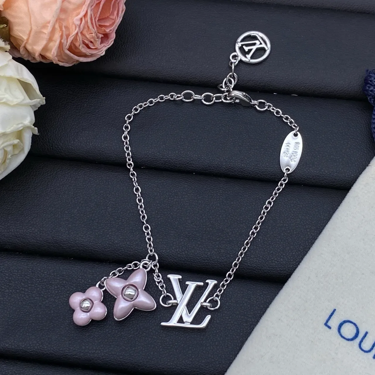 Louis Vuitton Flower Charm Gold Pink Fine Chain-Link LV Monogram Bracelet 5