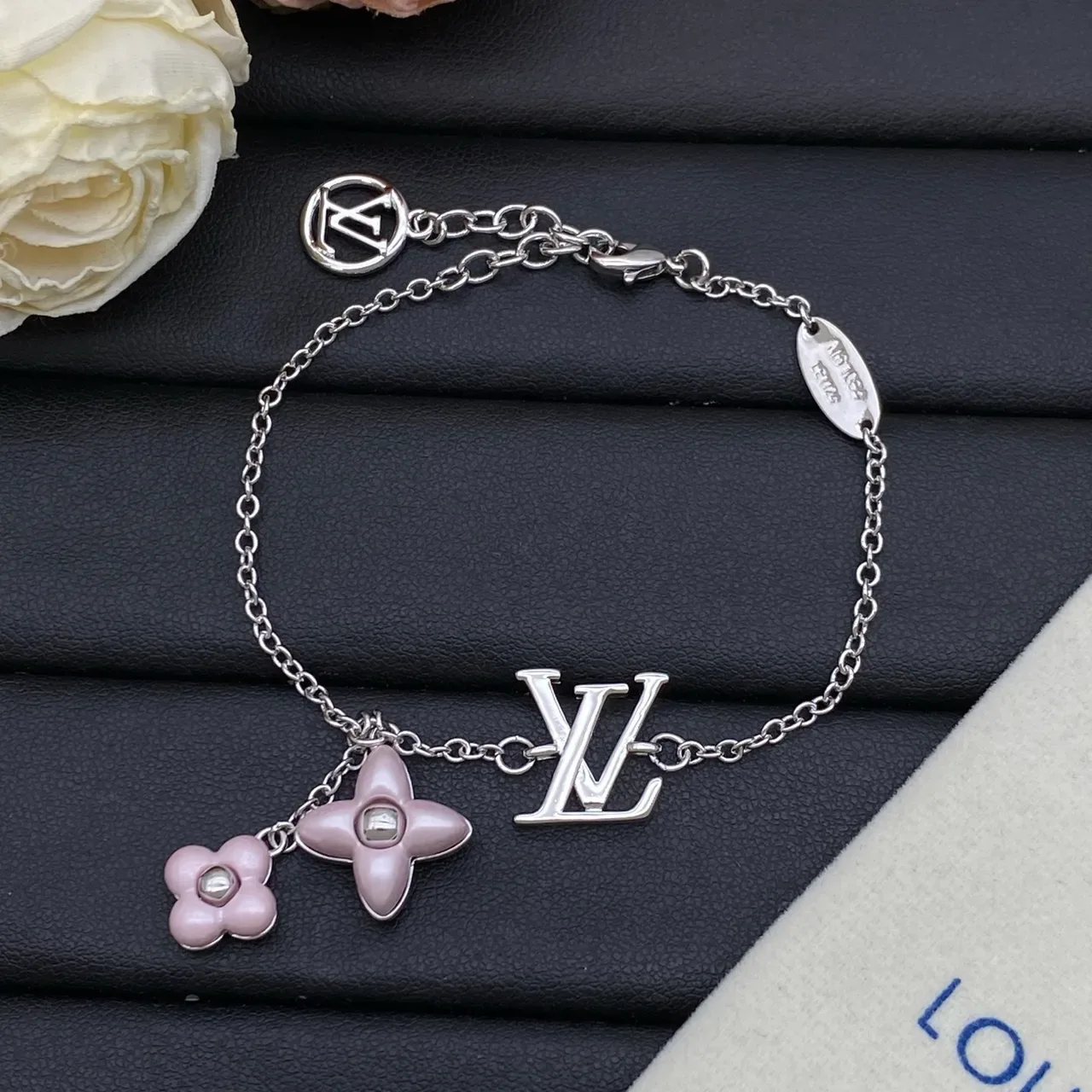 Louis Vuitton Flower Charm Gold Pink Fine Chain-Link LV Monogram Bracelet 6