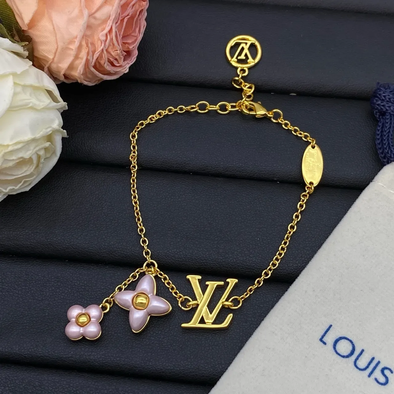 Louis Vuitton Flower Charm Gold Pink Fine Chain-Link LV Monogram Bracelet 7