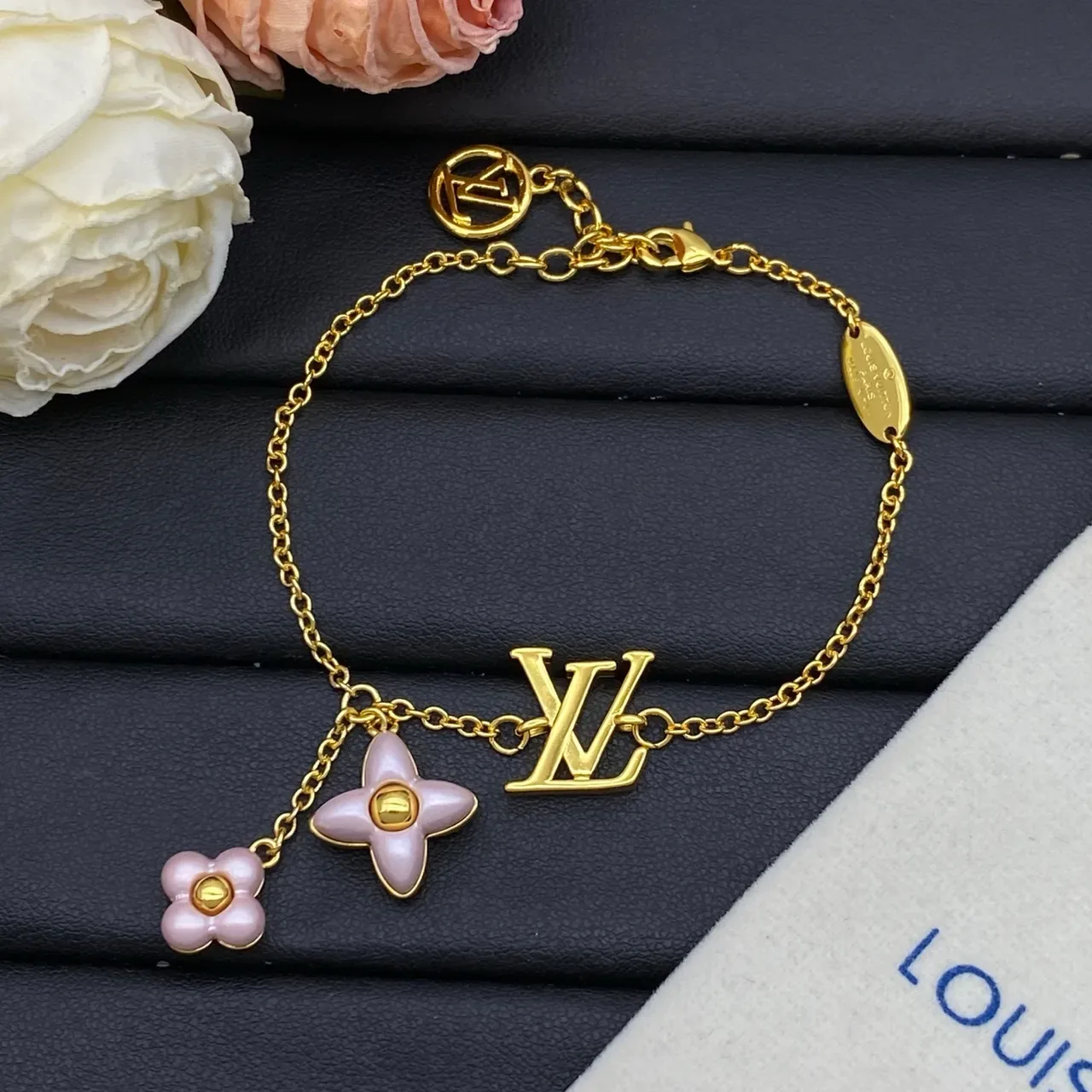 Louis Vuitton Flower Charm Gold Pink Fine Chain-Link LV Monogram Bracelet 8