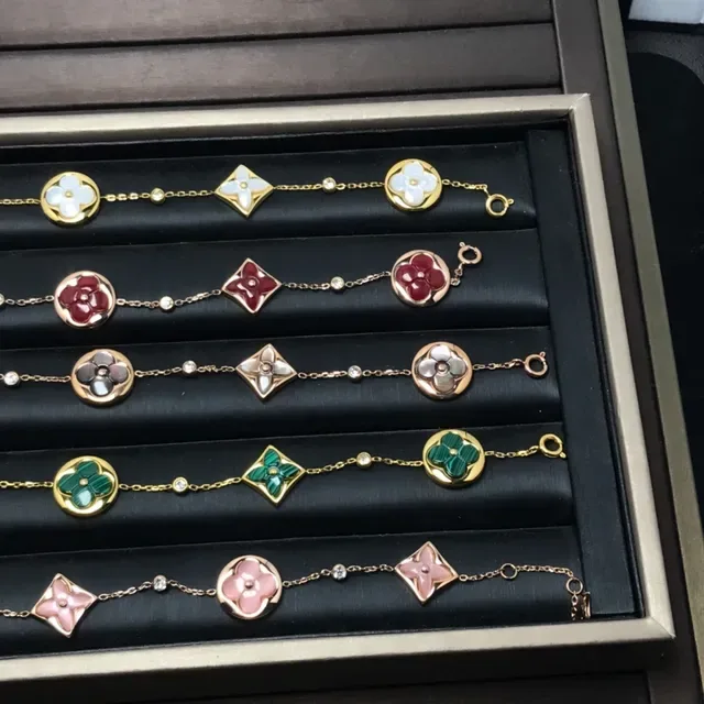 Louis Vuitton Flower Enamel Charm Gold-Tone Chain Bracelets 2