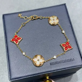 Louis Vuitton Flower Gold Red Chain Enamel Quatrefoil Charms Bracelet