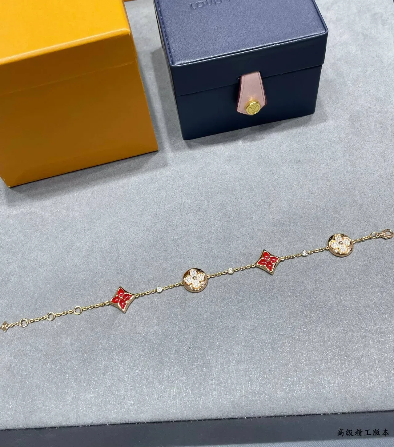 Louis Vuitton Flower Gold Red Chain Enamel Quatrefoil Charms Bracelet 2