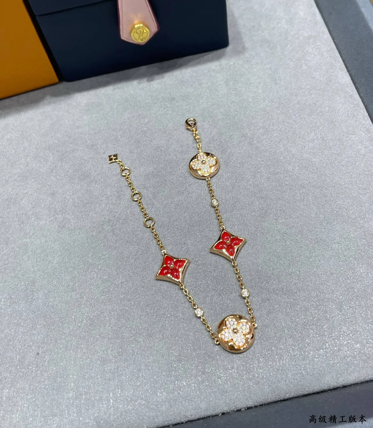 Louis Vuitton Flower Gold Red Chain Enamel Quatrefoil Charms Bracelet 3