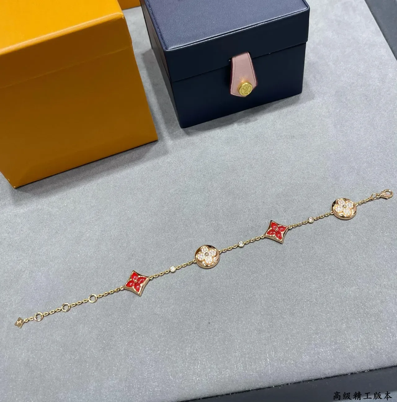 Louis Vuitton Flower Gold Red Chain Enamel Quatrefoil Charms Bracelet 5